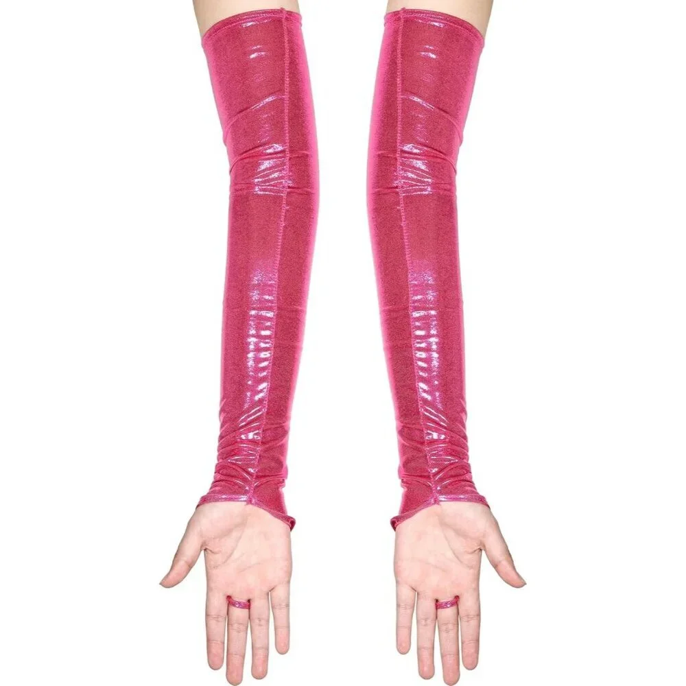 Women's Rose Shiny Elastic Satin Rave Fingerless Long Gloves Party Costume